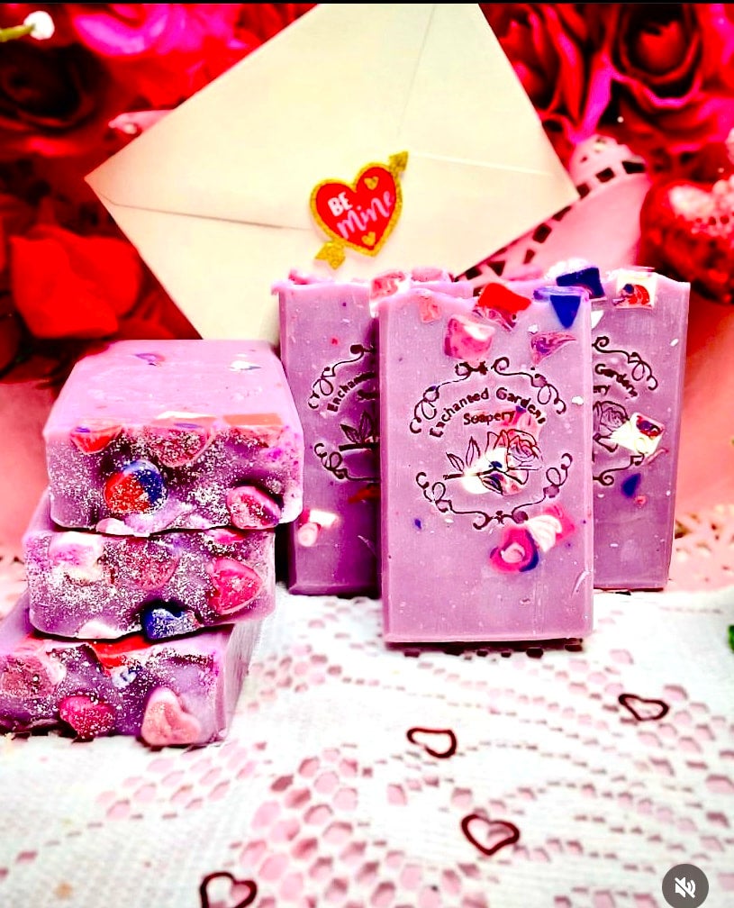 A photo of six bars of handmade mini soap from Enchanted Gardens Soapery.