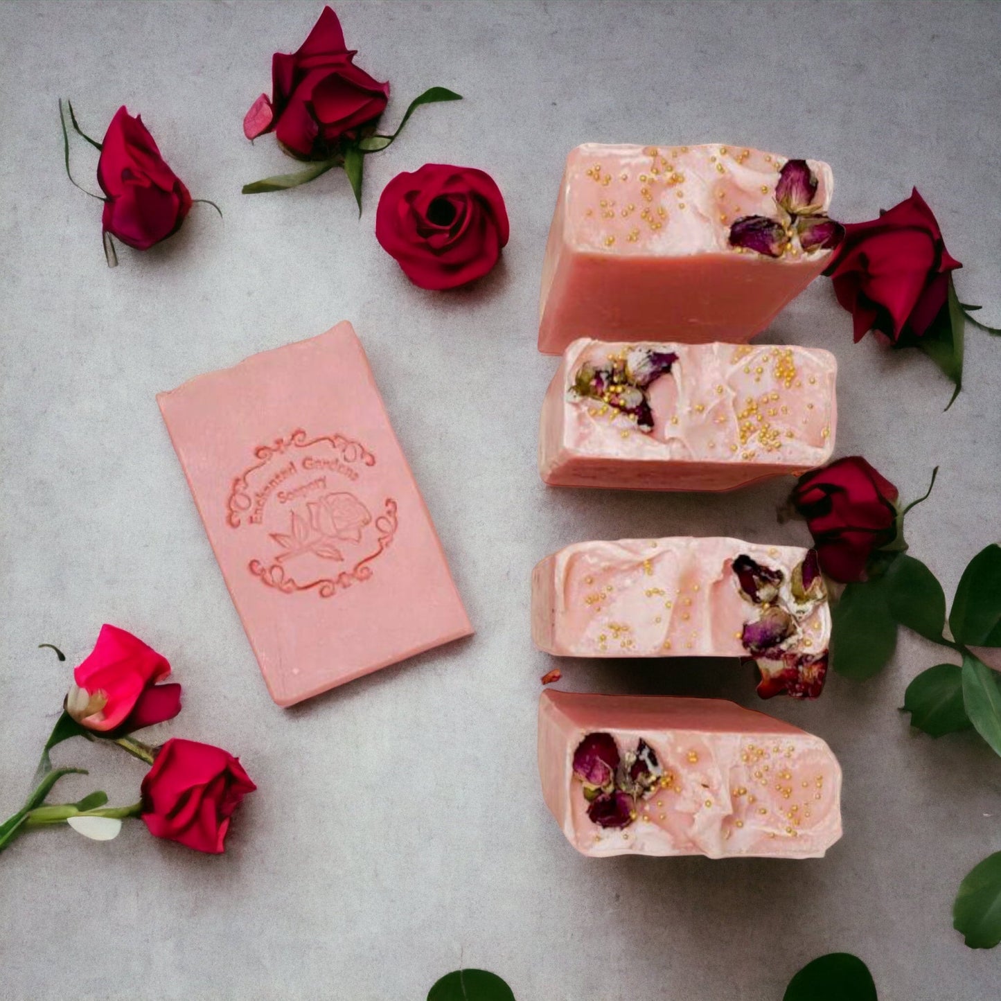 A bar of soap with a pink label on top, surrounded by scattered rose petals and flowers on a grey background.