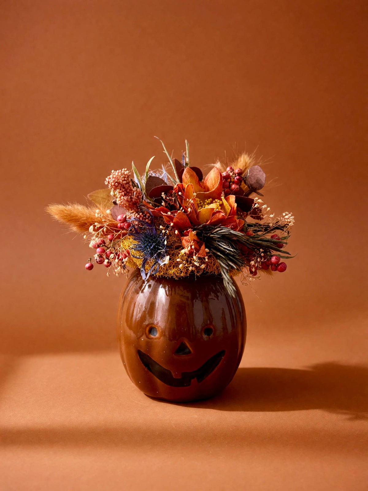 Ceramic Jack-O-Lantern Pumpkin with Dried Flowers