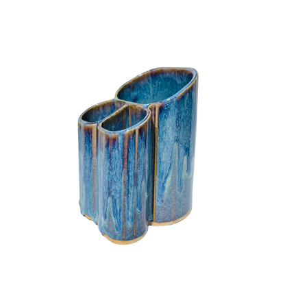 Dual Toothbrush & Utensil Holder - Stoneware Pottery: Navy