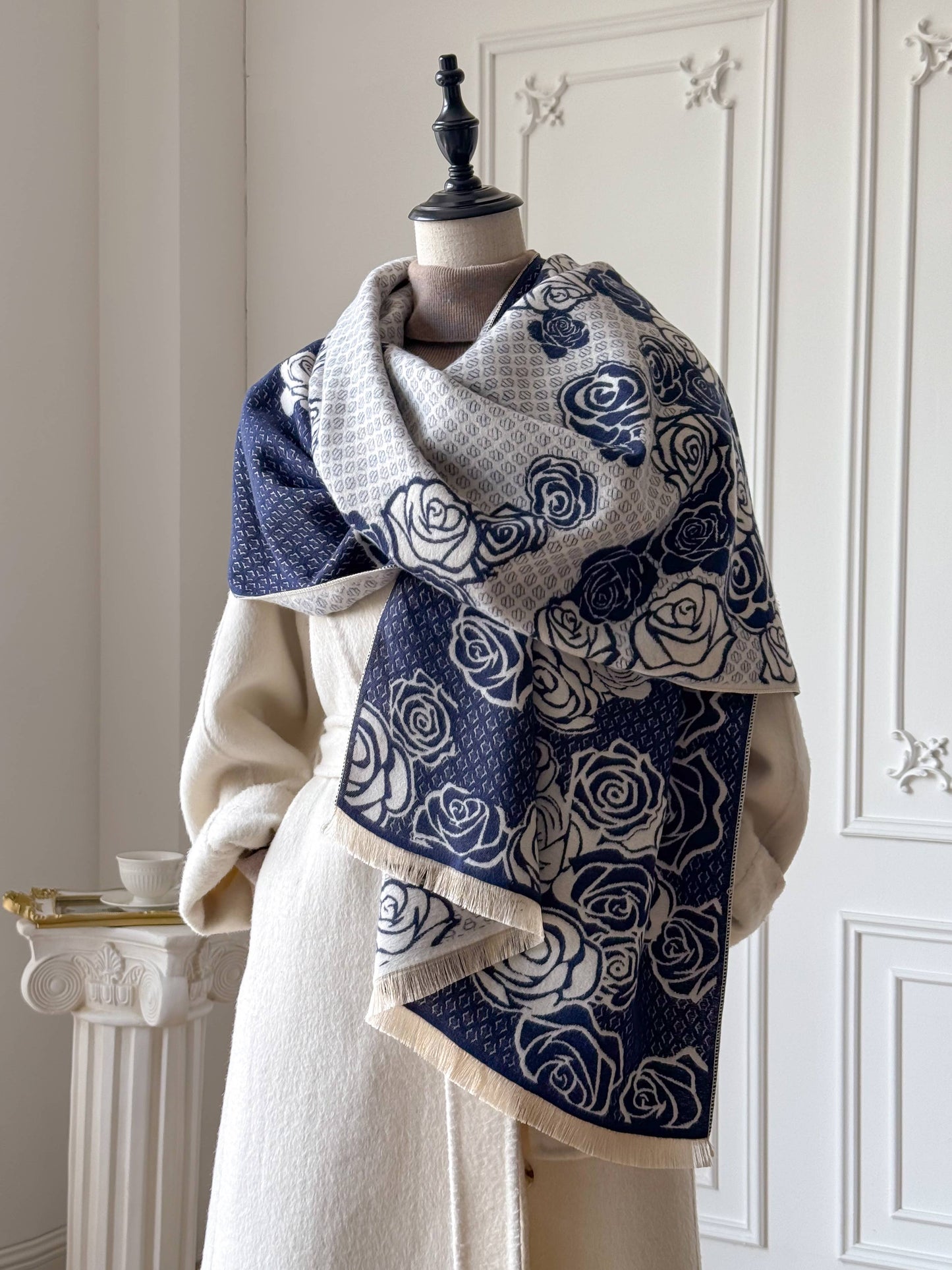Navy / White Shadow Rose Reversible Wrap