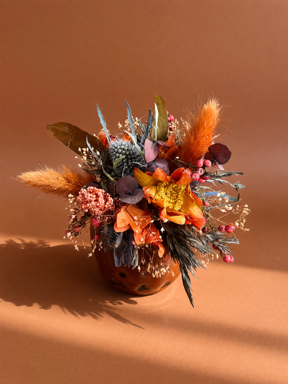 Ceramic Jack-O-Lantern Pumpkin with Dried Flowers