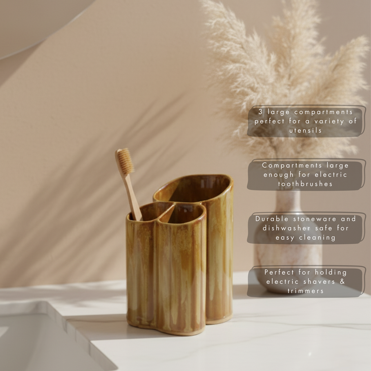 Dual Toothbrush & Utensil Holder - Stoneware Pottery: Navy
